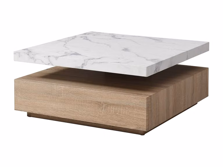 Mesa de centro giratoria KYRIA con 1 cajón de MDF en efecto mármol blanco y beige con acabado mate