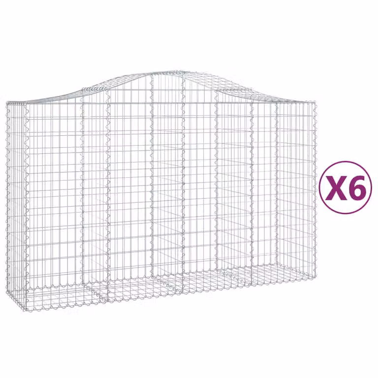 Set de 6 cestas de gaviones vidaXL en forma de arco de acero galvanizado color gris, An/P/Al: 200 x 50 x 120/140 cm