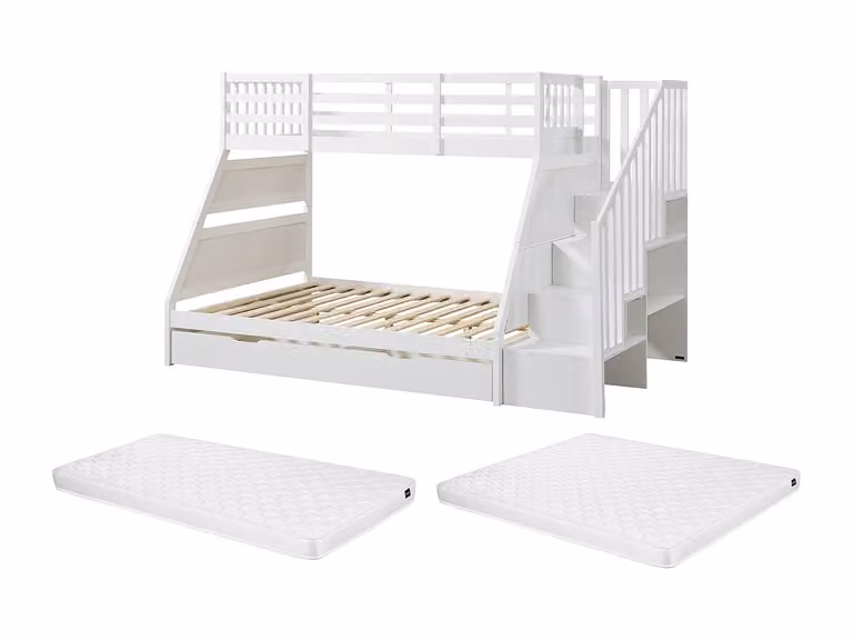 Litera de dos niveles LAKAYO con almacenamiento y escaleras, fabricada en pino y MDF, color blanco, incluye colchón de espuma, An/P/Al: 140 x 190 x 240 cm y 90 x 190 x 155 cm