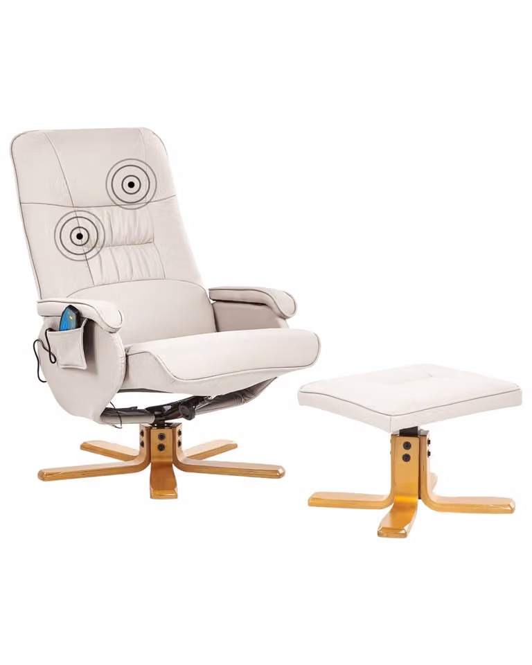 Sillón de masaje relax Beliani con reposapiés, piel sintética, color beige y estructura de madera sólida