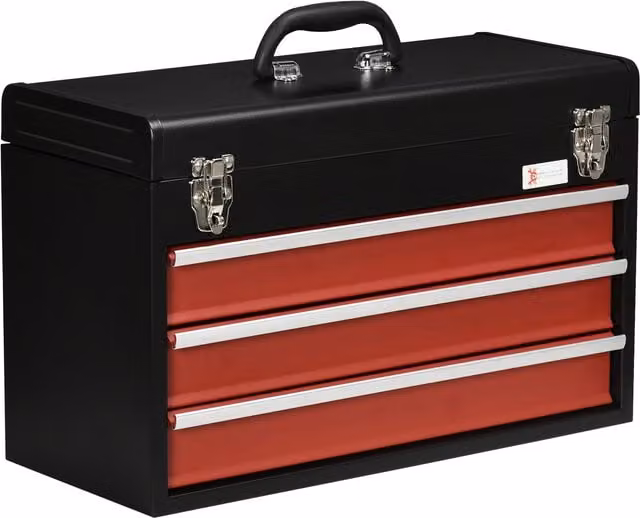 Caja de herramientas de acero DURHAND con 3 cajones y cerradura, color negro y rojo, An/P/Al: 51 x 22 x 32 cm