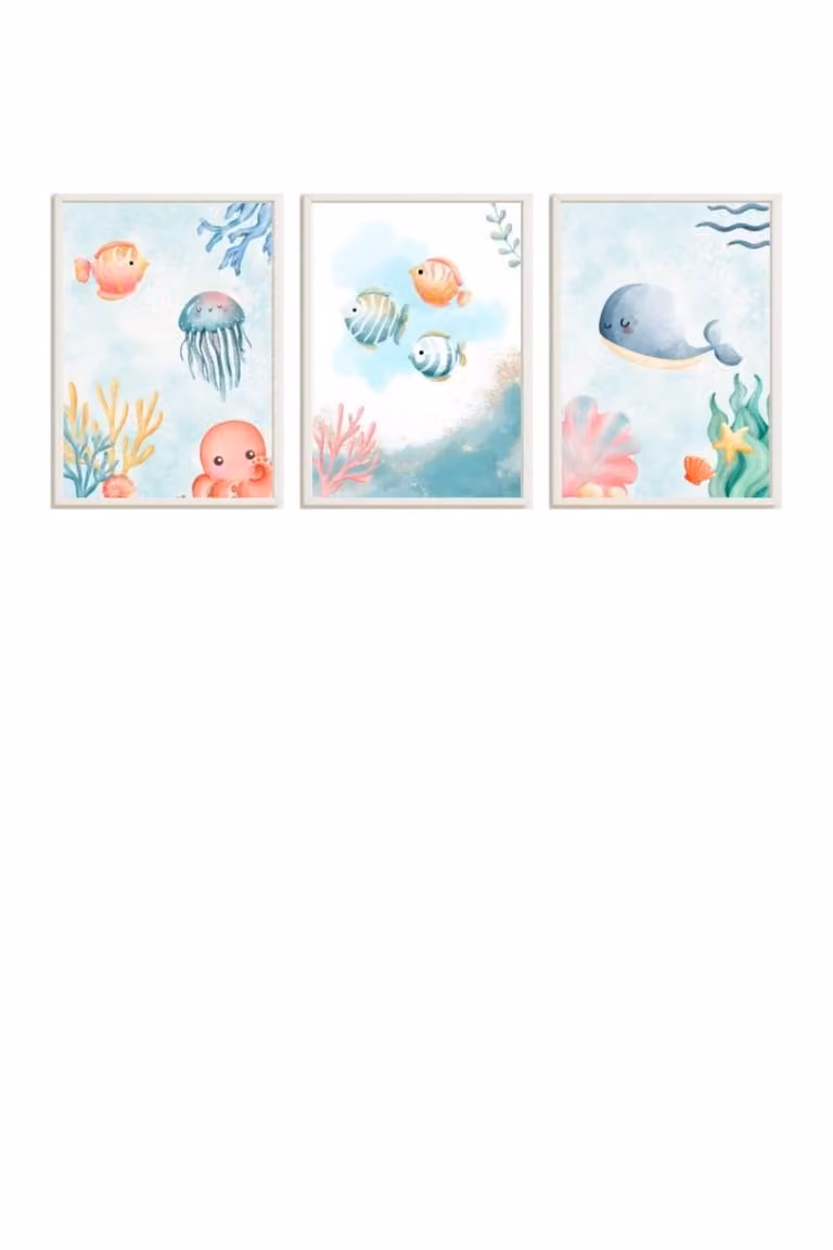 Pack de 3 cuadros infantiles de Crochetts con ilustraciones de peces, medusa y ballena en colores multicolor y blanco, An/Al: 43 x 33 cm