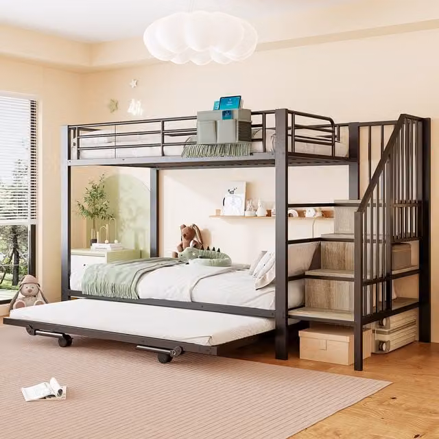 Litera infantil MODFU de metal negro con cama nido y escalones con almacenaje An/P/Al: 255 x 90 x 164 cm