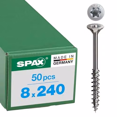 Pack de 50 tornillos universales Spax de acero inoxidable A2 con cabeza avellanada y sistema Torx, color plata, An/P/Al: 8 x 240 mm