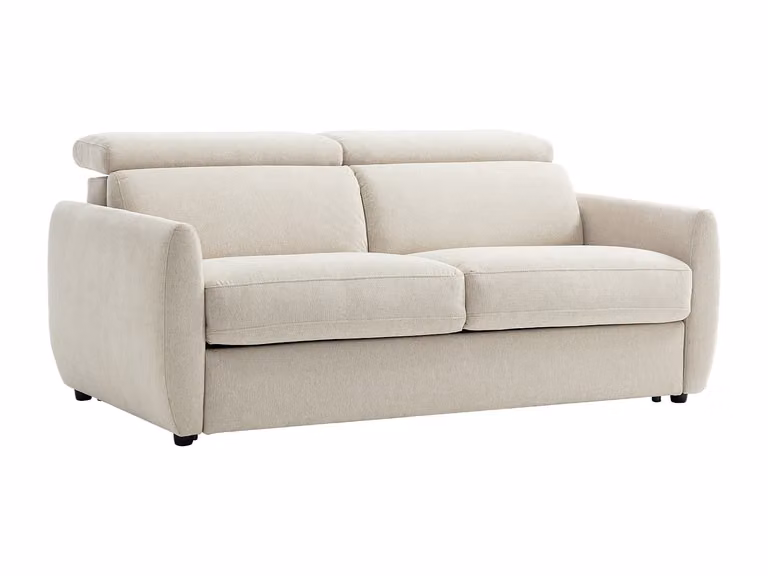 Sofá convertible de 3 plazas Sovali en tejido beige con función de cama y reposacabezas ajustable para salón