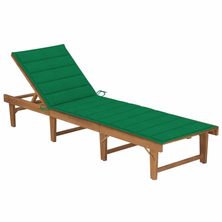 Tumbona plegable Syfax de madera de acacia con cojín verde resistente a la intemperie y reposacabezas ajustable