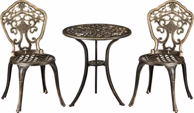 Conjunto de bistró para jardín Outsunny de 3 piezas con mesa redonda y 2 sillas en aluminio color bronce con acabado imitación hierro forjado