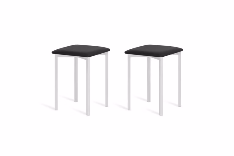 Pack de 2 taburetes modernos Portus con asiento de polipiel negro y estructura de metal blanco, Altura: 45 cm