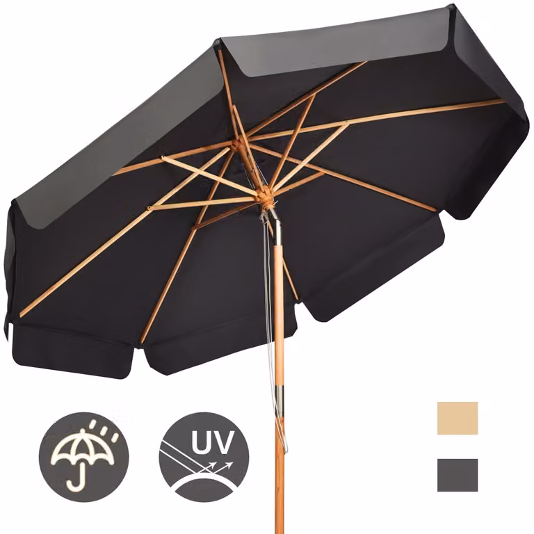 Sombrilla de exterior Costway con botón manual, 8 varillas de madera y tejido de poliéster impermeable, color gris, An: 300 cm, Al: 253 cm