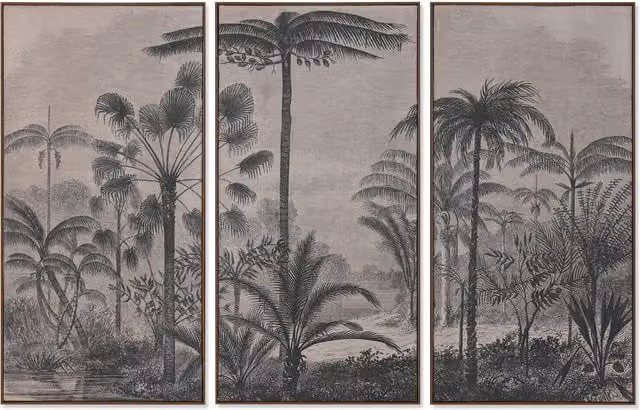 Set de 3 cuadros decorativos de palmeras con diseño botánico y tropical de FIJALO en colores gris y multicolor, An: 120 cm, Al: 180 cm, P: 4 cm
