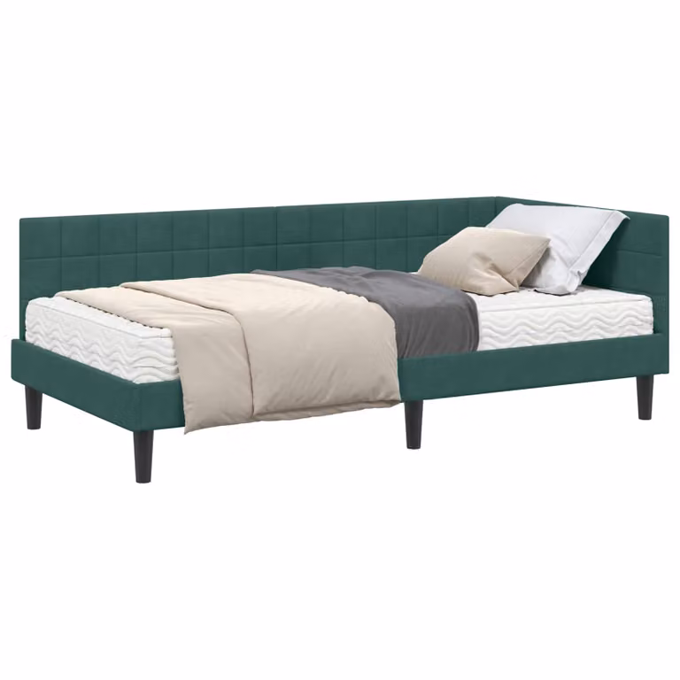 Set de cama de esquina vidaXL con 2 colchones de espuma, estructura tapizada en terciopelo verde, An/P/Al: 90 x 190 cm