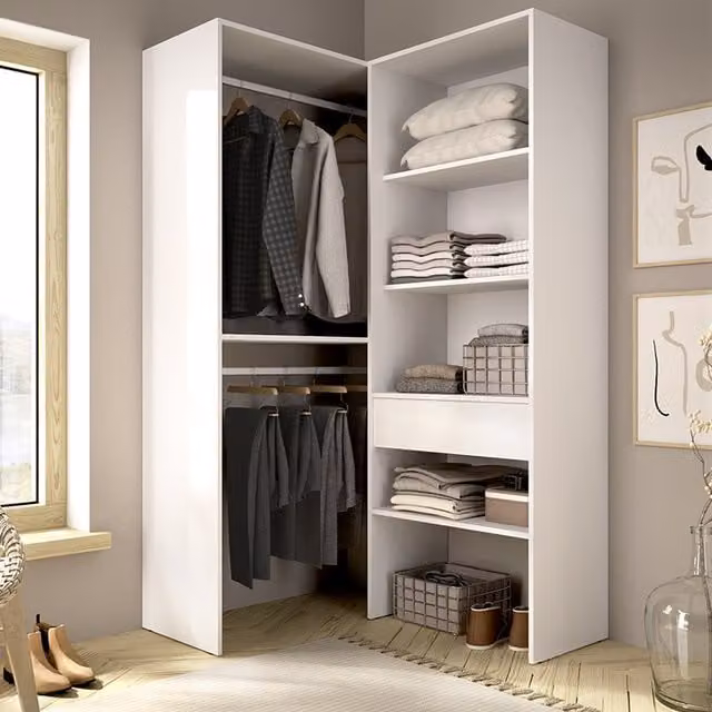 Armario de puertas correderas DMORA en color blanco con estantes internos y barra para colgar ropa, An: 88 cm, Al: 185 cm