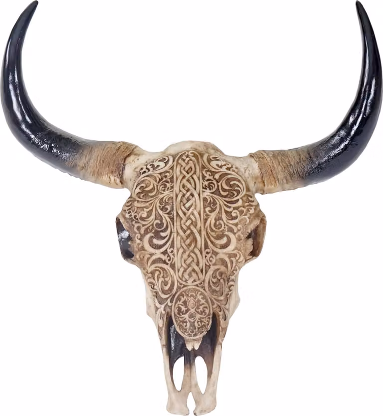 Cráneo de toro Longhorn Mendler con motivos tribales en color beige, decoración de resina para interior y exterior, Altura: 65 cm