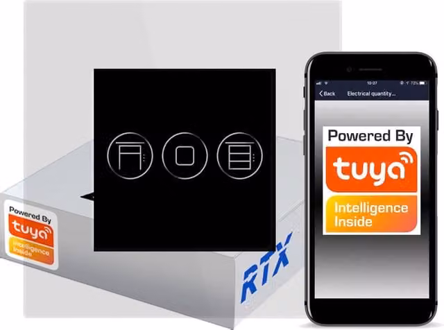 Interruptor táctil para persianas RTX Sh negro con acabado en cristal y tecnología Zigbee Tuya para montaje en pared
