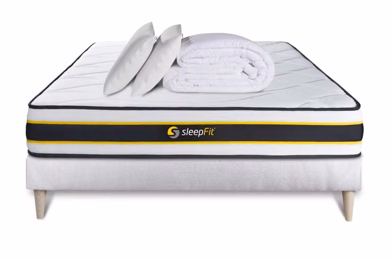 Pack de descanso Prêt À Dormir Flex compuesto por colchón de muelles y viscoelástica, sommier, 2 almohadas de memoria de forma y edredón de percal en color blanco An/P/Al: 140 x 190 cm