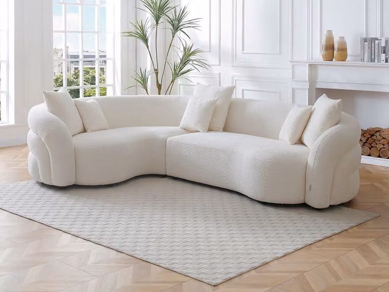 Sofá rinconera izquierda LAPIOTA de Maison Céphy en tela bouclé blanco con estructura de madera sólida y cojines incluidos An/P/Al: 290 x 133 x 73 cm