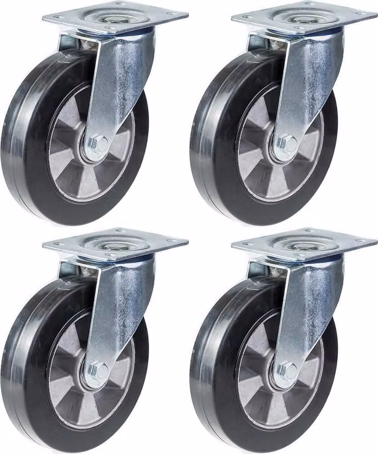 Juego de 4 ruedas giratorias Parnells de goma negra y aluminio con placa, 152 mm