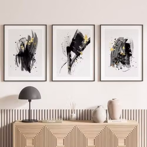 Juego de 3 pósteres tríptico Lumalea con diseño abstracto multicolor y borde blanco, An/Al: 40 x 50 cm