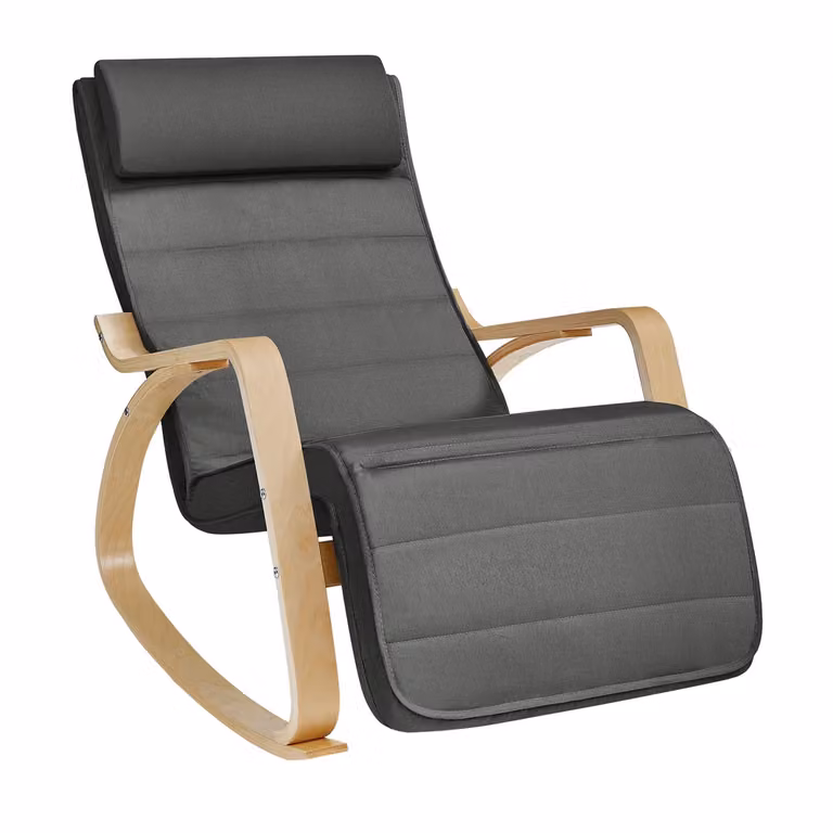 Mecedora Songmics con reposapiés y apoyabrazos, diseño moderno en gris con estructura de madera de abedul y metal