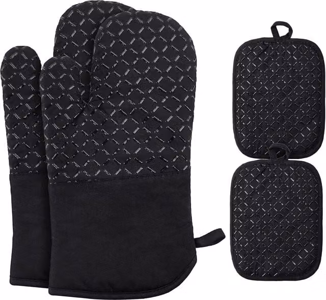 Juego de 2 guantes de horno Bebusingoto de algodón negro, resistentes al calor, antideslizantes y largos de 31 cm