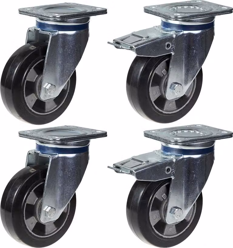 Juego de 4 ruedas giratorias Parnells con freno de goma negra de 152 mm y capacidad de carga de 1320 kg