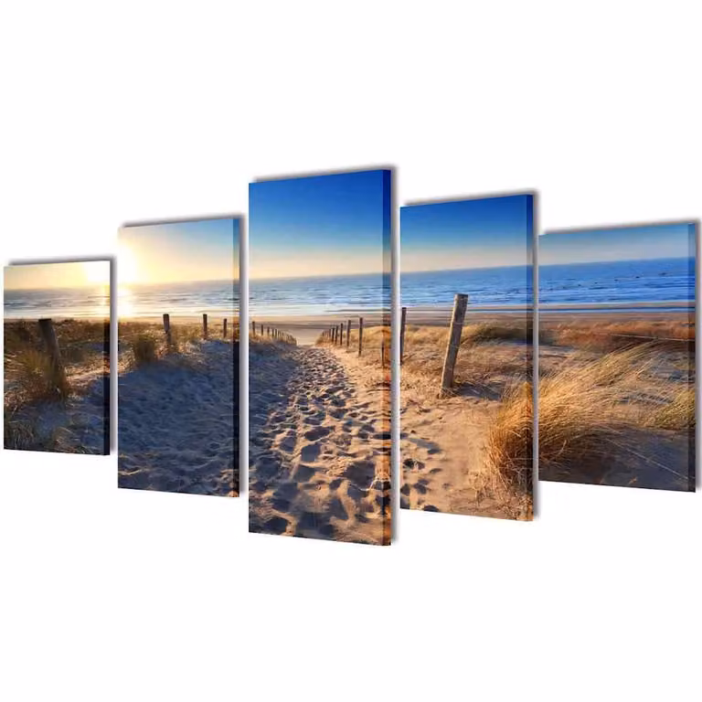 Set decorativo de lienzos para pared vidaXL con motivos de playa y arena en colores azul, arena y multicolor, An: 200 cm, Al: 100 cm