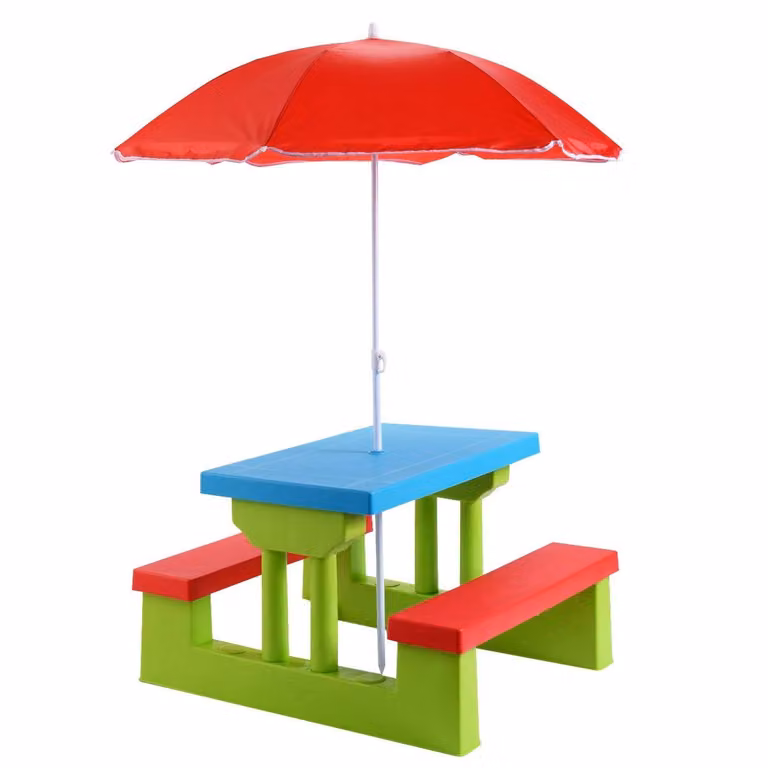 Conjunto de mueble de jardín plegable para niños Costway con mesa de picnic y parasol en azul y verde