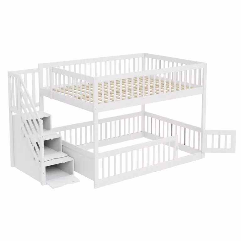 Cama alta infantil MODFU de madera maciza blanca con cajones, zona de juegos y estantería integrada, An/P/Al: 140 x 200 cm