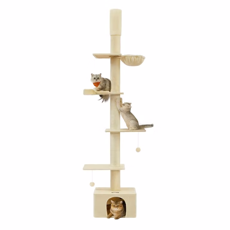 Feandrea Árbol para Gatos de Suelo a Techo con Cueva y Hamaca, Beige, Altura Ajustable de 231 a 291 cm