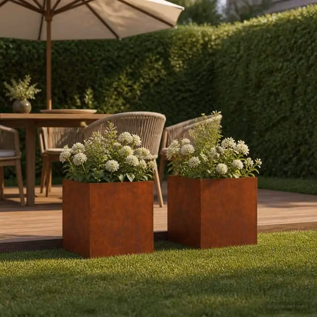 Set de 2 maceteros de jardín Maison Exclusive en acero color marrón con acabado oxidado, An/P/Al: 35 x 35 x 35 cm
