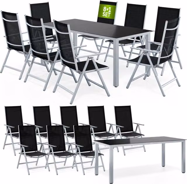 Conjunto de mesa y 8 sillas Berna de Casaria en aluminio con tapa de cristal para jardín en color negro o plata