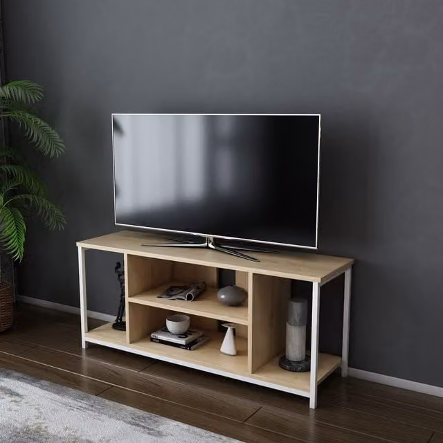 Mueble de TV escandinavo MENZZO en blanco y roble con estructura metálica, An/P/Al: 120 x 35 x 50,8 cm