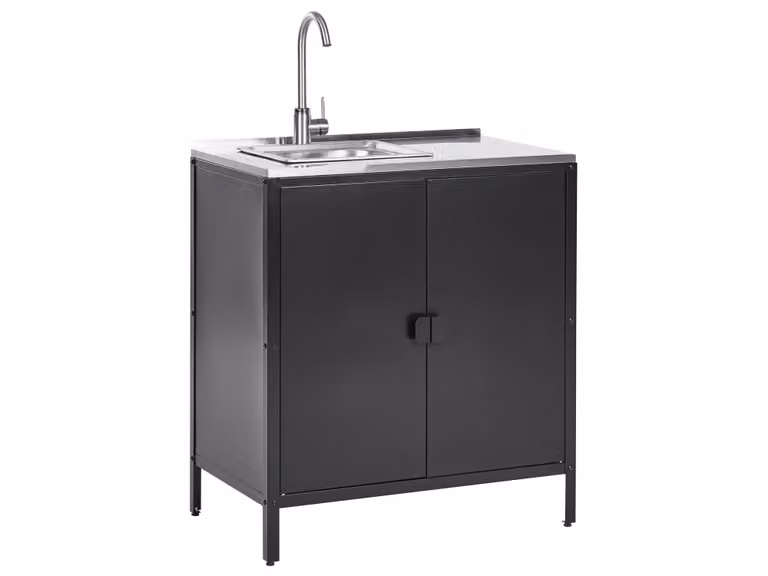 Armario de cocina exterior con fregadero Beliani en metal negro mate con puertas batientes y estantes internos