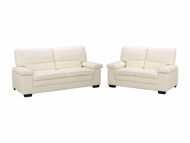 Conjunto de sofás de 3 y 2 plazas MIMAS II de VENTE-UNIQUE en piel color blanco con estructura de madera sólida