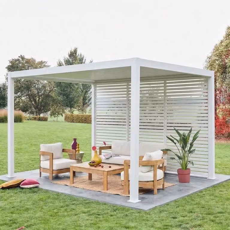 Pérgola bioclimática Sweeek de aluminio y acero galvanizado con 3 persianas de 1,3 cm, Blanco, An/P/Al: 4 x 3 x 2,5 m