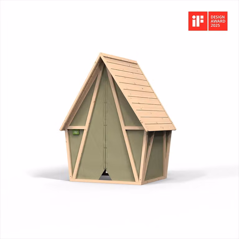 Casita infantil de madera EXIT Toys Yuki 100 en color verde y marrón con materiales resistentes a los rayos UV