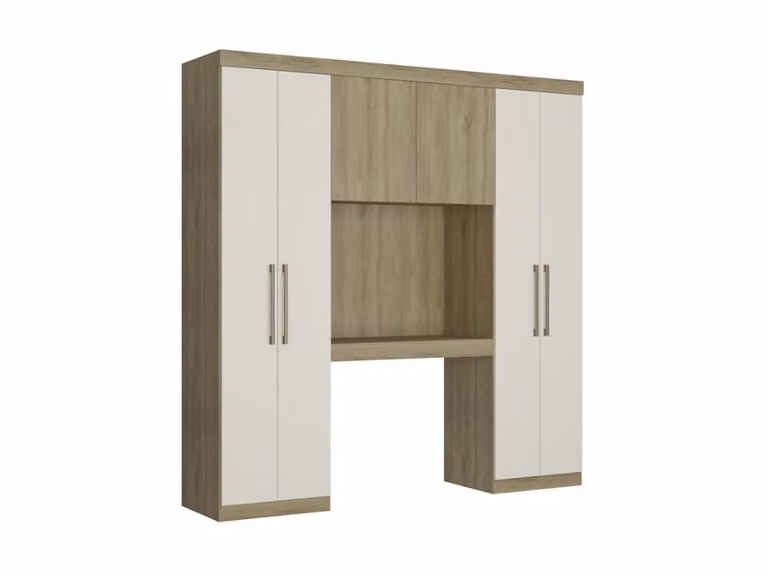 Armario cabecero ANTERO de VENTE-UNIQUE con 6 puertas y compartimentos, color blanco y marrón, An: 200 cm, Al: 206 cm, P: 46 cm