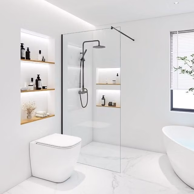 Cabina de ducha de nicho rectangular Home Deluxe ESG con cristal transparente y perfilería negra An/P: 90 x 200 cm