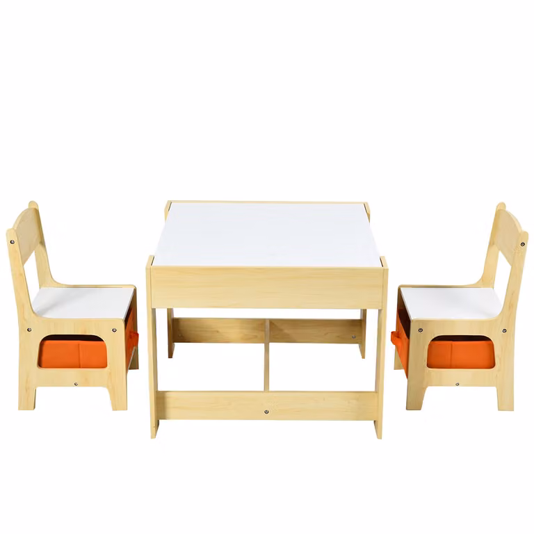 Set de Mesa y 2 Sillas Infantiles Costway con Cajas de Almacenamiento en Naranja, Blanco y Negro para Niños de 3 a 6 Años, An/P/Al: 62 x 48 x 62 cm