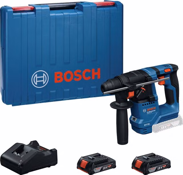 Martillo vertical Bosch GBH 18V-8 azul con dos baterías de 2Ah y energía de 1,5J