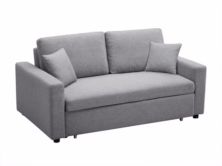 Sofá cama de 3 plazas de tela gris con estructura de madera y reposacabezas ajustable de INIZOR