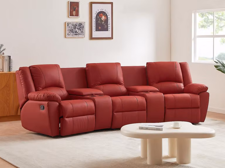 Sofá relax de 3 plazas AROMA en piel color rojo con portavasos y reposacabezas ajustable