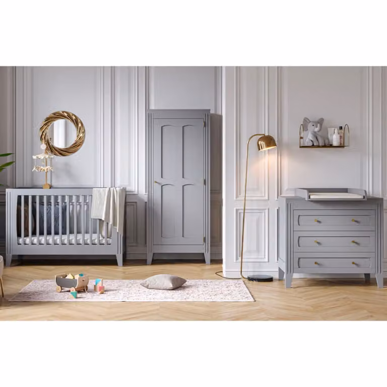 Set de dormitorio completo Vox para niños con cuna de 70 x 140 cm en color gris y detalles dorados