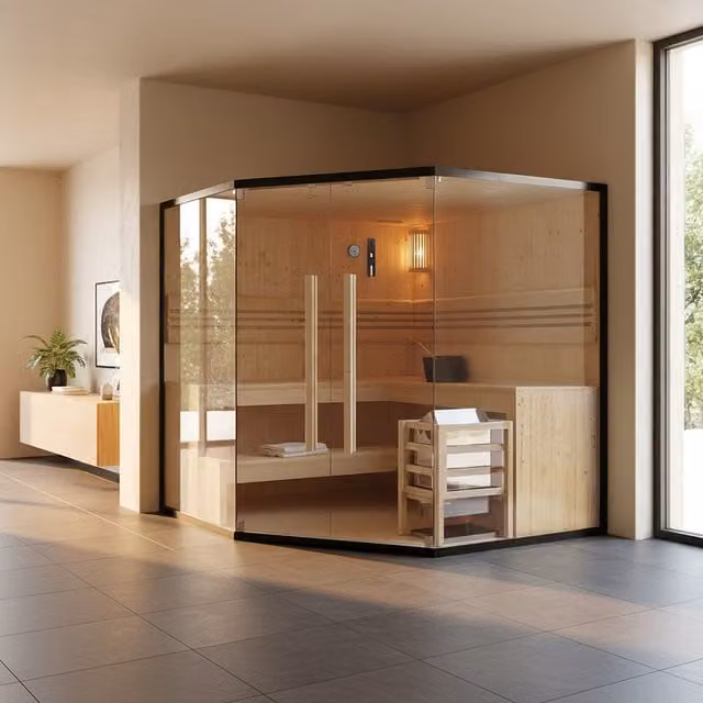 Sauna tradicional Home Deluxe SHADOW XL BIG de madera de abeto para 6 personas, color marrón y negro, An/P/Al: 200 x 200 x 200 cm