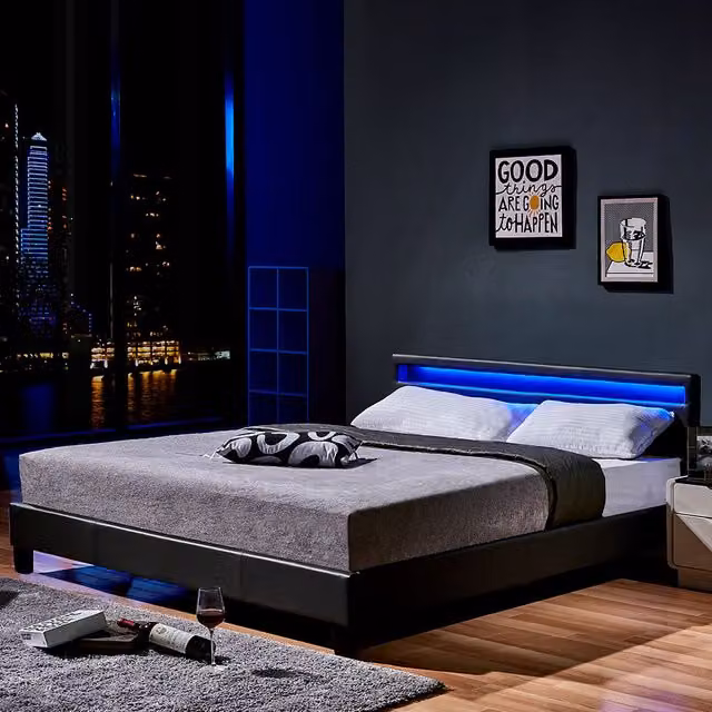 Cama tapizada Home Deluxe ASTRO con iluminación LED en gris oscuro, An/P: 180 x 200 cm