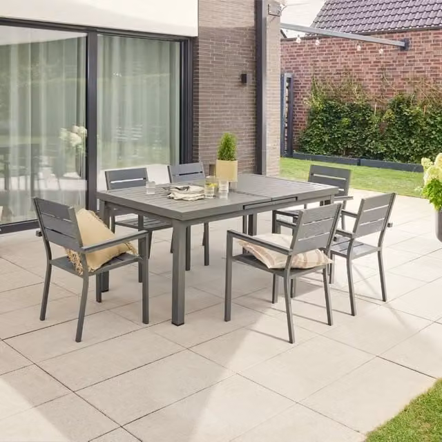 Conjunto de comedor de jardín Home Deluxe con mesa extensible y 6 sillas en color gris y acabado madera