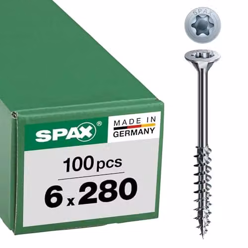 Tornillo Spax Wirox Torx para madera con cabeza avellanada y rosca parcial, acabado zincado plateado, Diámetro: 6,0 mm, Longitud: 280 mm