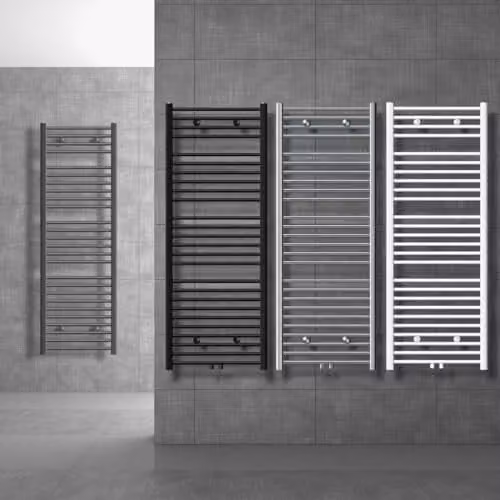 Radiador de baño curvo ECD Germany blanco con termostato y juego de conexión para pasaje de suelo An/P/Al: 40 x 40 x 120 cm