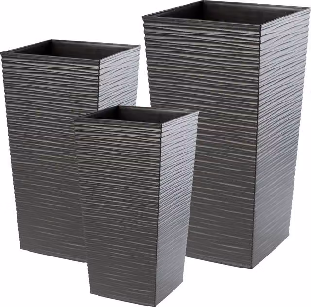 Juego de 3 maceteros altos Kadax de plástico para decoración de interior y exterior, color grafito, Alturas: 36 cm, 46,5 cm y 57,5 cm
