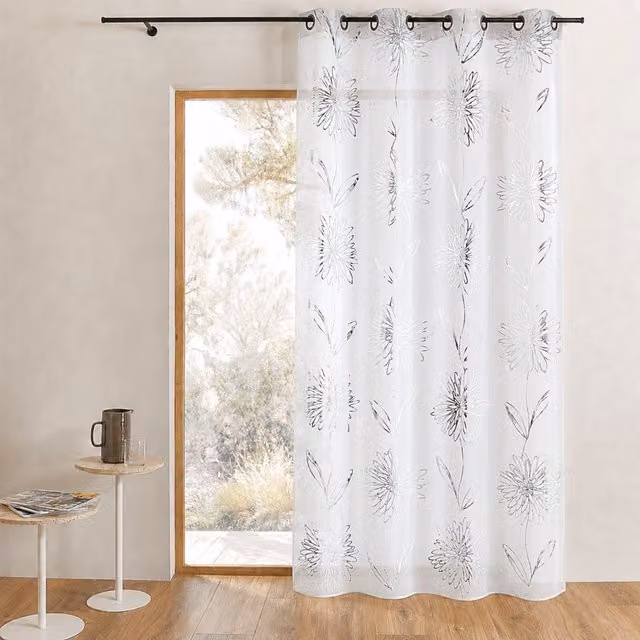 Visillo Etamine Ligero HomeMaison con Estampado Floral Metálico y Anillas Redondas, Blanco/Plata, An/Al: 135 x 240 cm
